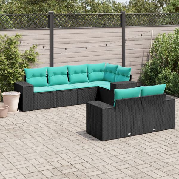 vidaXL 7 Piece Garden Sofa Set with Cushions Black Poly Rattan