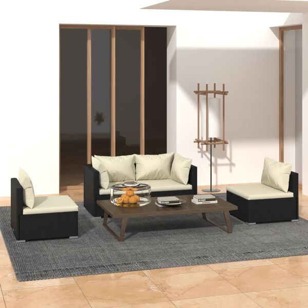 vidaXL 4 Piece Garden Lounge Set with Cushions Poly Rattan Black