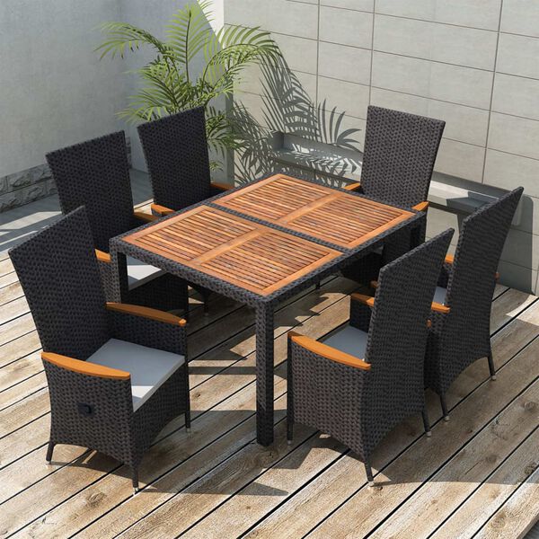 vidaXL 7 Piece Outdoor Dining Set Poly Rattan Acacia Wood Black