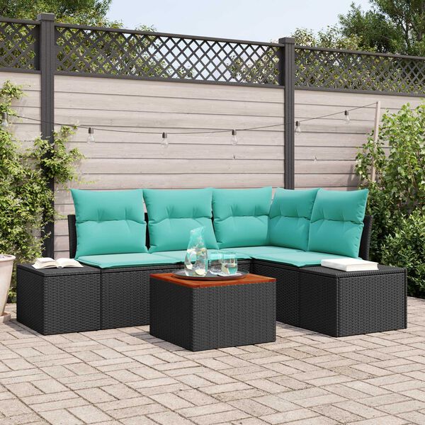vidaXL 5 Piece Garden Sofa Set with Cushions Black Poly Rattan Acacia