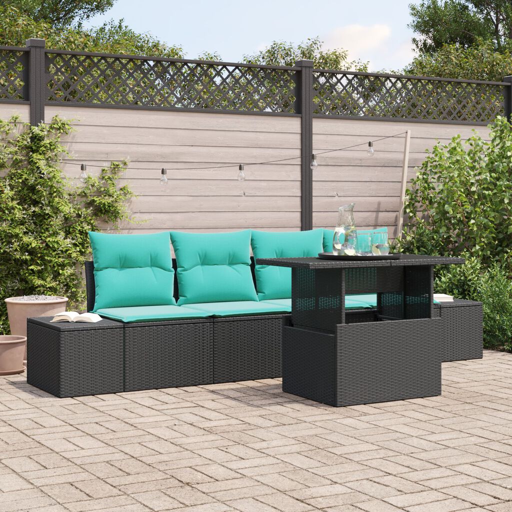 vidaXL 5 Piece Garden Sofa Set with Cushions Black Poly Rattan