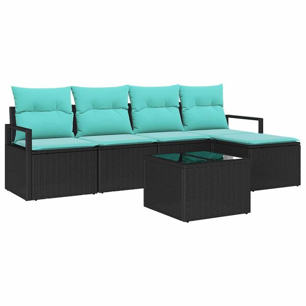 vidaXL Sofa Set with Cushion 6 pcs Black and Turquoise Poly Rattan