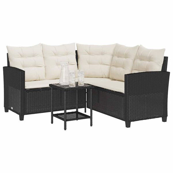 vidaXL Garden Sofa with Table&Cushions L-shaped Black Poly Rattan