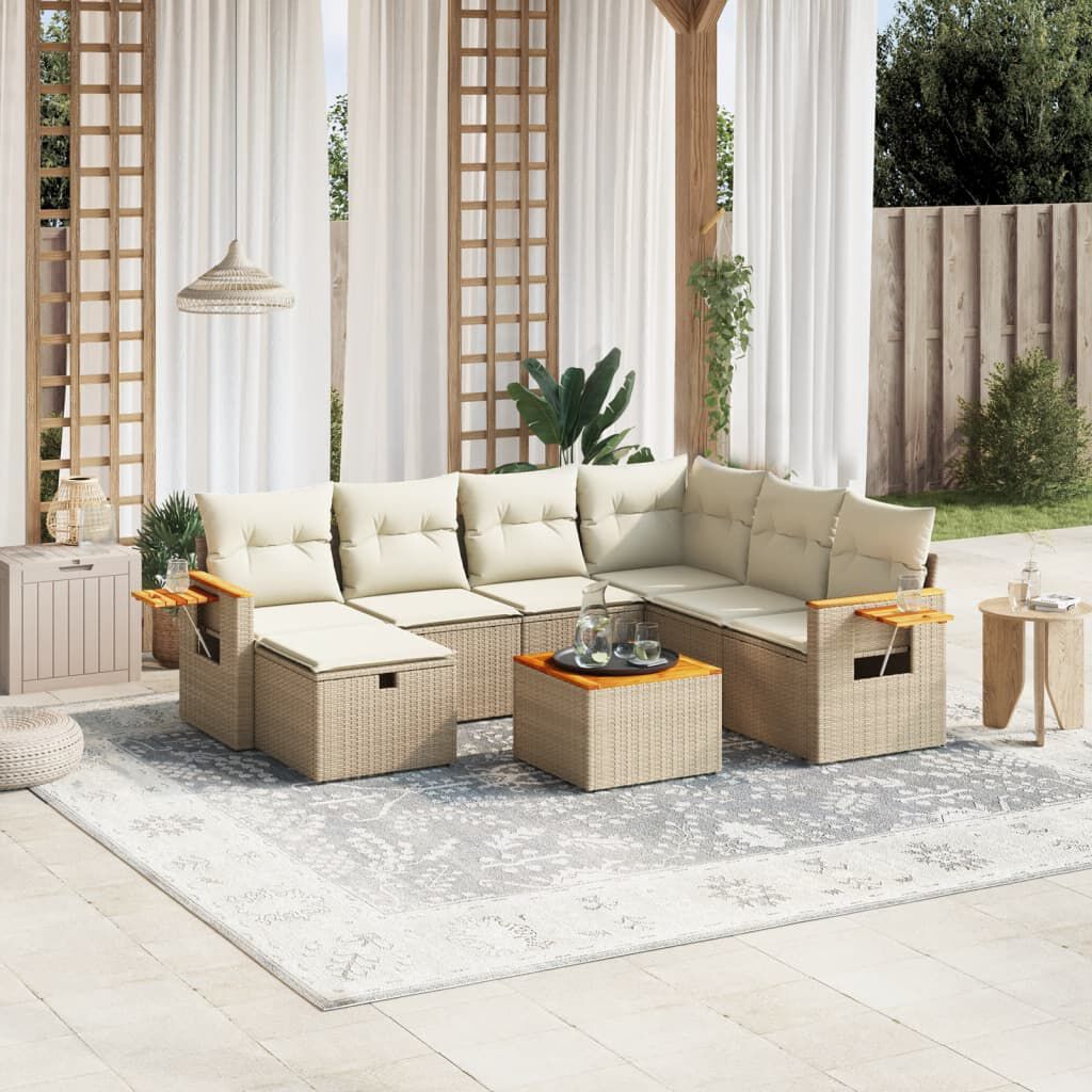 vidaXL 8 Piece Garden Sofa Set with Cushions Beige Poly Rattan