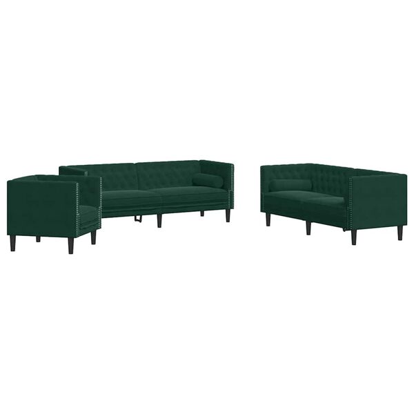vidaXL 3 Piece Chesterfield Sofa Set with Bolsters Dark Green Velvet