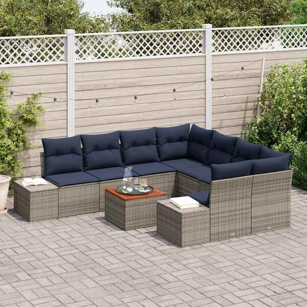 vidaXL Garden Sofa Set with Cushion 9 pcs Grey Poly Rattan