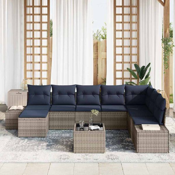 vidaXL Garden Sofa Set with Cushion 9 pcs Grey Poly Rattan