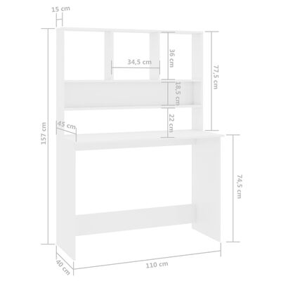 vidaXL Desk with Shelf High Gloss White 110x45x157 cm Engineered Wood