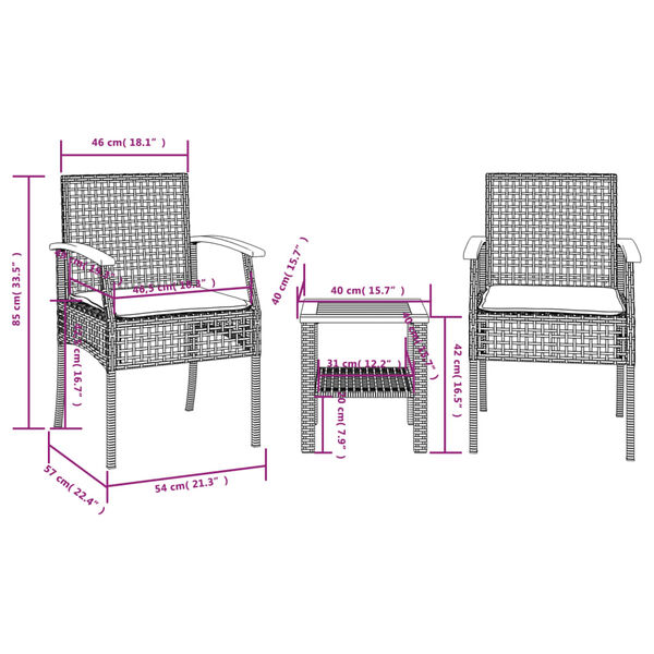 vidaXL 3 Piece Bistro Set with Cushions Black Poly Rattan Acacia Wood
