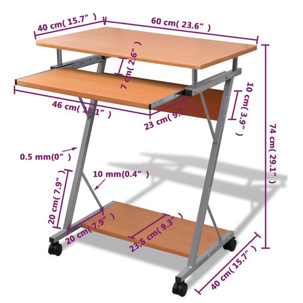 vidaXL Compact Computer Desk with Pull-out Keyboard Tray Brown
