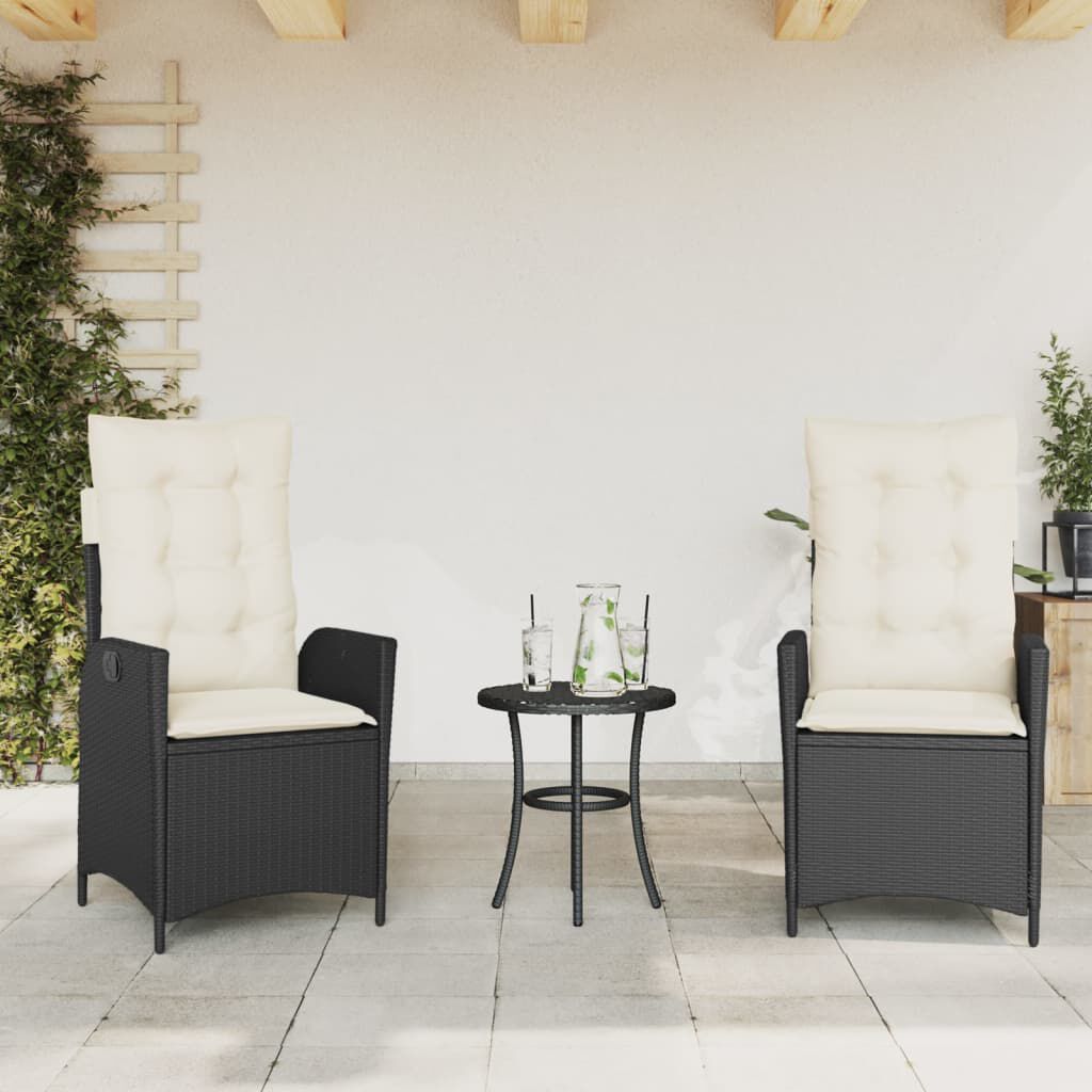 vidaXL 3 Piece Bistro Set with Cushions Black Poly Rattan