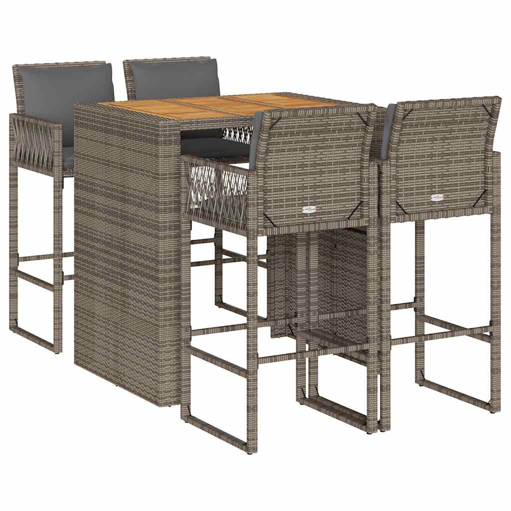 vidaXL 5 Piece Garden Bar Set with Cushions Grey Poly Rattan Acacia