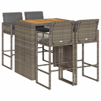 vidaXL 5 Piece Garden Bar Set with Cushions Grey Poly Rattan Acacia