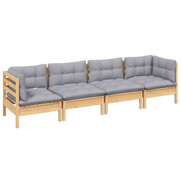 vidaXL 4 Piece Garden Lounge Set with Grey Cushions Solid Pinewood