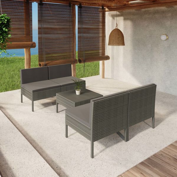vidaXL 5 Piece Garden Lounge Set with Cushions Poly Rattan Grey