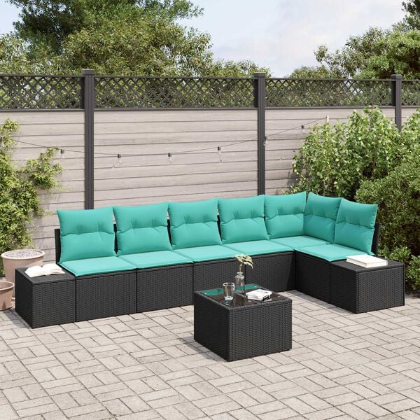 vidaXL 7 Piece Garden Sofa Set with Cushions Black Poly Rattan