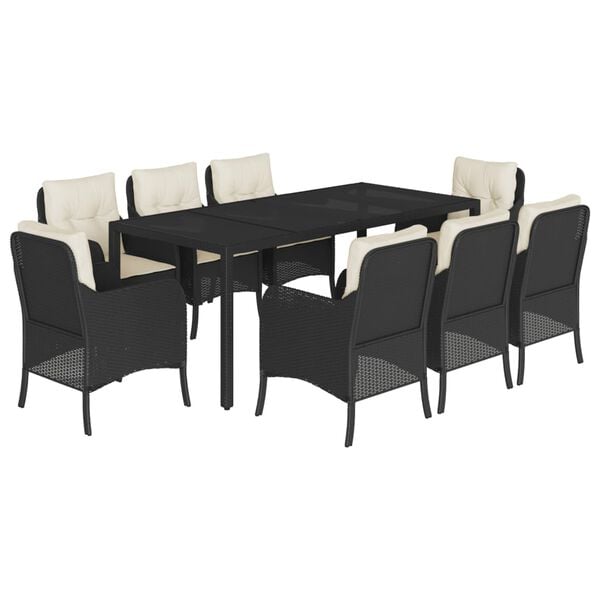 vidaXL 9 Piece Garden Dining Set with Cushions Black Poly Rattan