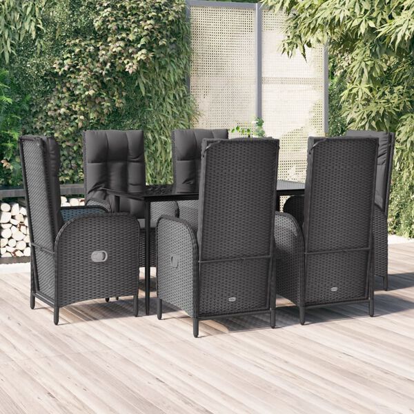 vidaXL 7 Piece Garden Dining Set with Cushions Black Poly Rattan