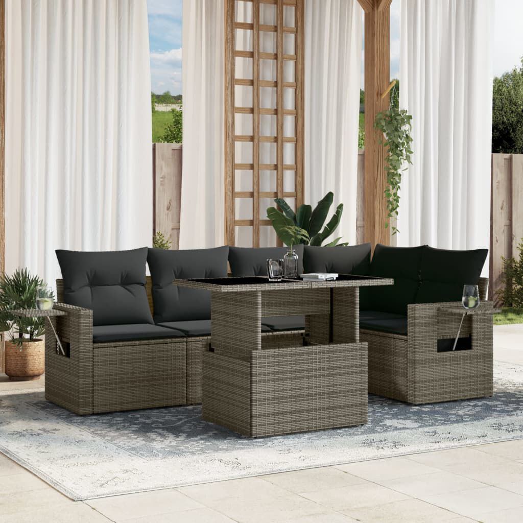 vidaXL 6 Piece Garden Sofa Set with Cushions Grey Poly Rattan