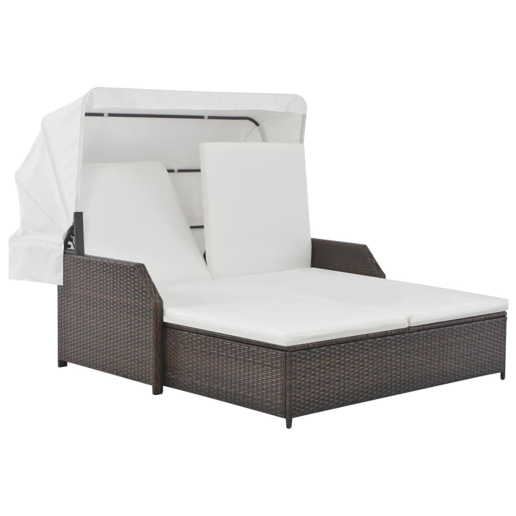 vidaXL 2-Person Sun Lounger with Canopy Poly Rattan Brown