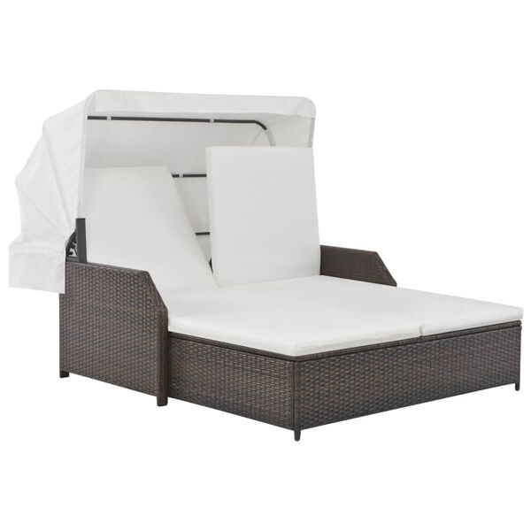 vidaXL 2-Person Sun Lounger with Canopy Poly Rattan Brown