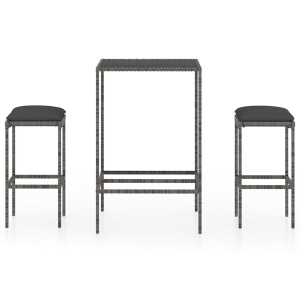 vidaXL 3 Piece Garden Bar Set with Cushions Poly Rattan Grey