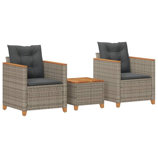 vidaXL 3 Piece Bistro Set with Cushions Grey Poly Rattan Acacia Wood