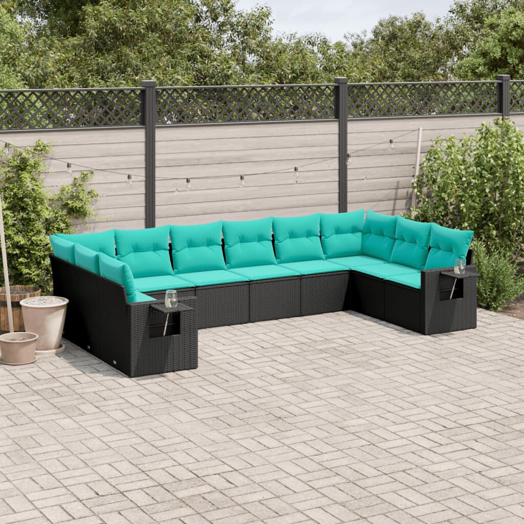 vidaXL 10 Piece Garden Sofa Set with Cushions Black Poly Rattan