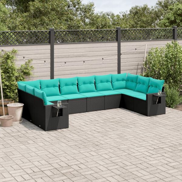 vidaXL 10 Piece Garden Sofa Set with Cushions Black Poly Rattan