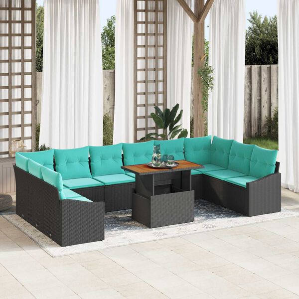 vidaXL 11 Piece Garden Sofa Set with Cushions Black Poly Rattan Acacia