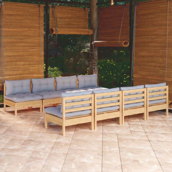 vidaXL 9 Piece Garden Lounge Set with Grey Cushions Solid Pinewood