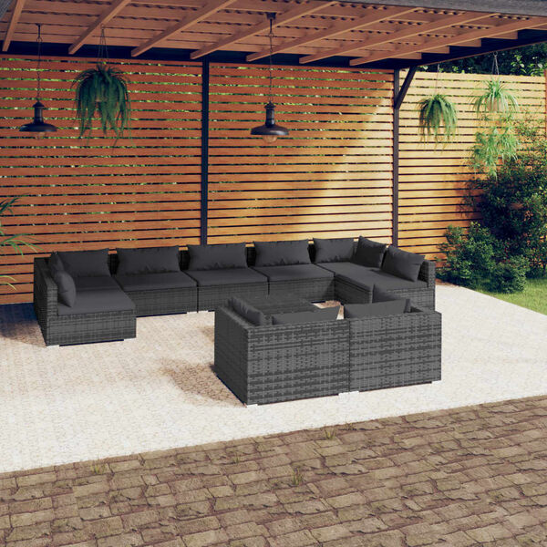 vidaXL 10 Piece Garden Lounge Set with Cushions Grey Poly Rattan