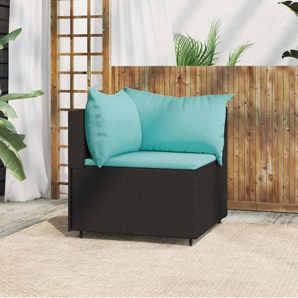 vidaXL Garden Corner Sofa with Cushions Black Poly Rattan