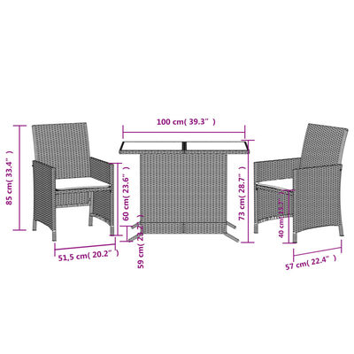 vidaXL 3 Piece Bistro Set with Cushions Grey Poly Rattan