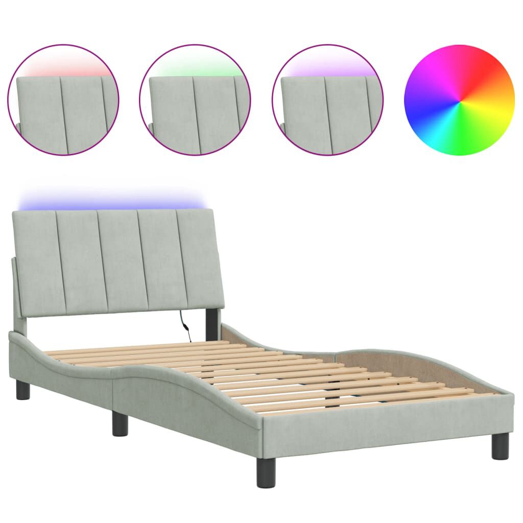 vidaXL Bed Frame with LED without Mattress Light Grey 100x190 cm Velvet