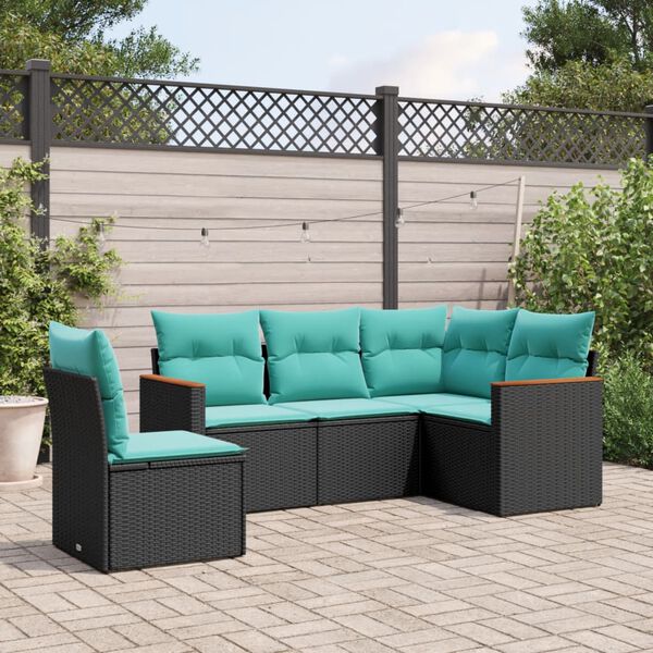 vidaXL 5 Piece Garden Sofa Set with Cushions Black Poly Rattan