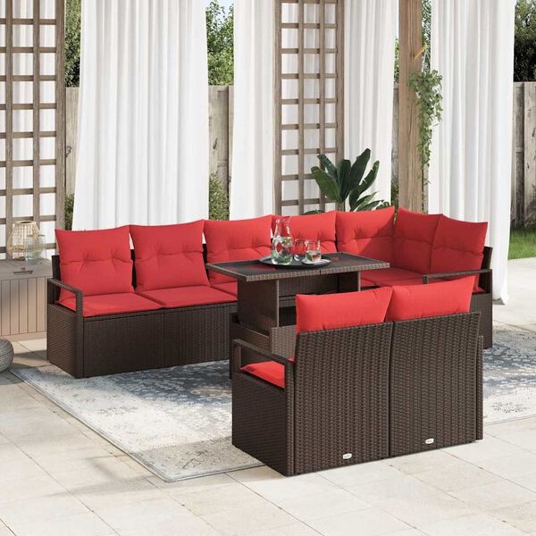 vidaXL Garden Sofa Set with Storage 9 pcs Brown and Red Poly Rattan