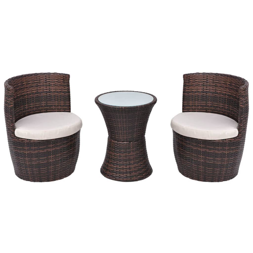 vidaXL 3 Piece Bistro Set with Cushions Poly Rattan Brown