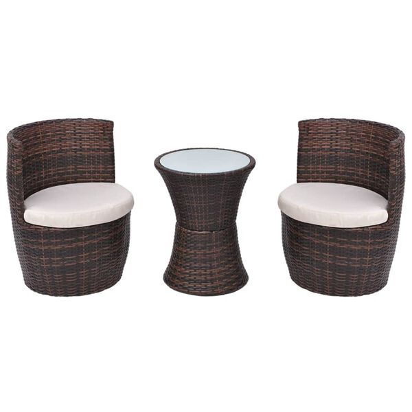 vidaXL 3 Piece Bistro Set with Cushions Poly Rattan Brown