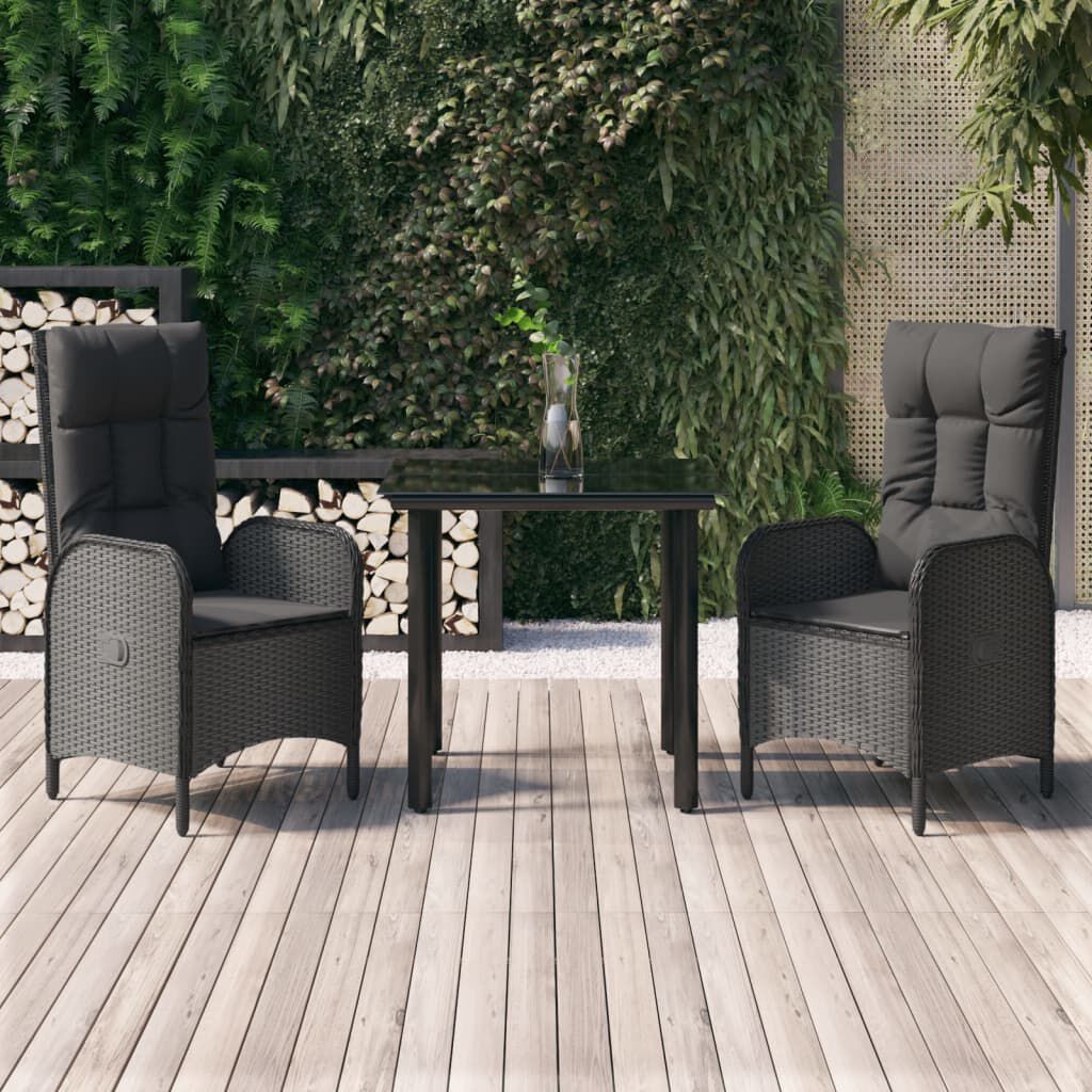 vidaXL 3 Piece Garden Dining Set with Cushions Black Poly Rattan