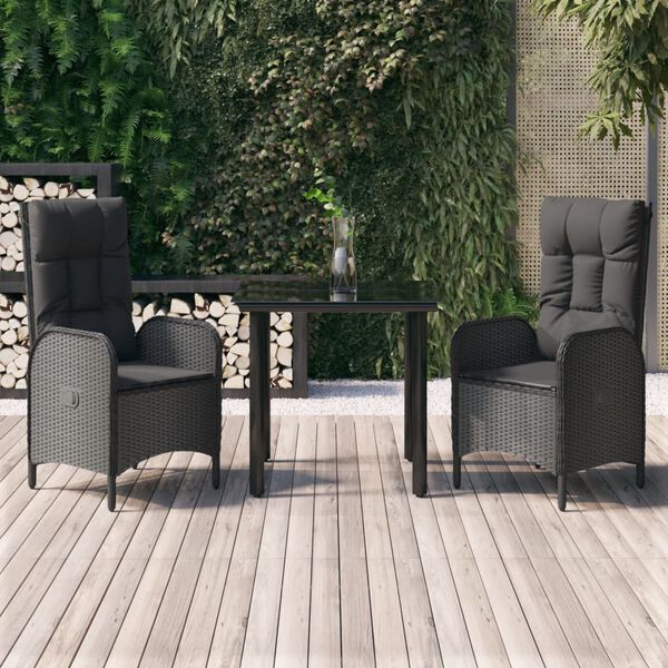 vidaXL 3 Piece Garden Dining Set with Cushions Black Poly Rattan
