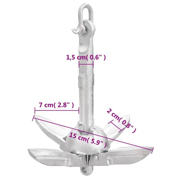 vidaXL Folding Anchor with Rope Silver 0.7 kg Hot Dip Galvanized Cast Iron
