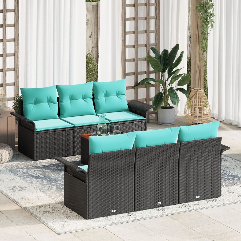 vidaXL 7 Piece Garden Sofa Set with Cushions Black Poly Rattan Acacia