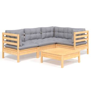 vidaXL 5 Piece Garden Lounge Set with Grey Cushions Pinewood