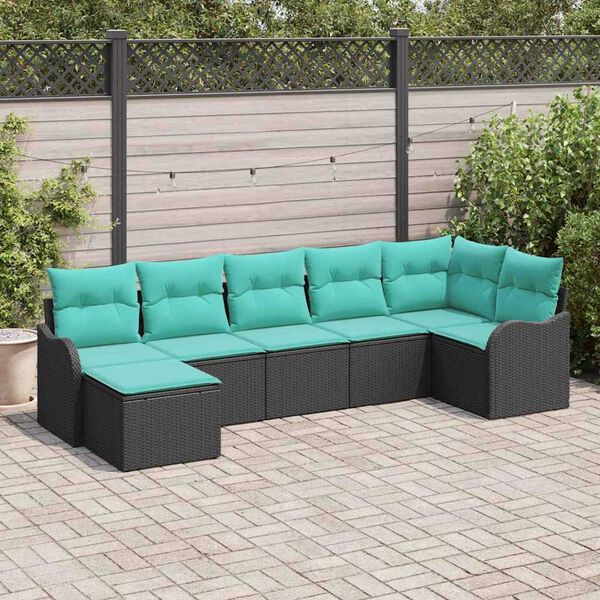 vidaXL Garden Sofa Set with Cushion 7 pcs Black, turquoise Poly rattan