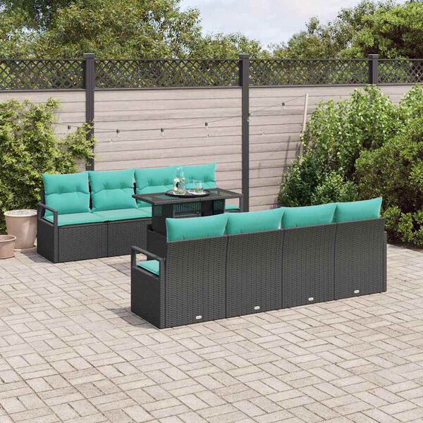 vidaXL Garden Sofa Set with Cushion 9 pcs Black Poly rattan