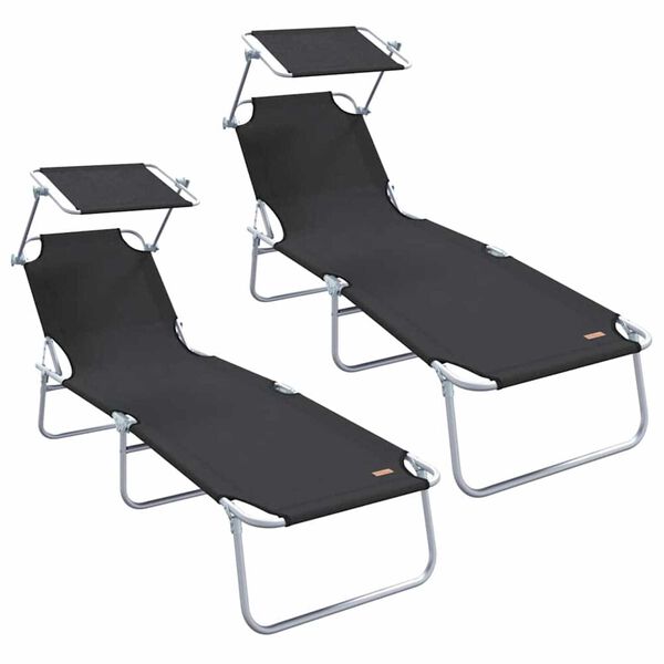 vidaXL Folding Sun Lounger with Canopy Steel and Fabric Black