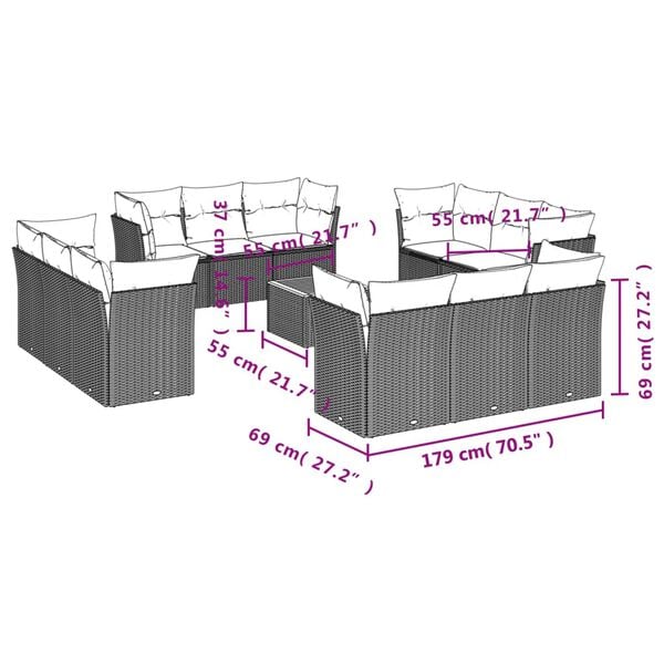 vidaXL 13 Piece Garden Sofa Set with Cushions Black Poly Rattan