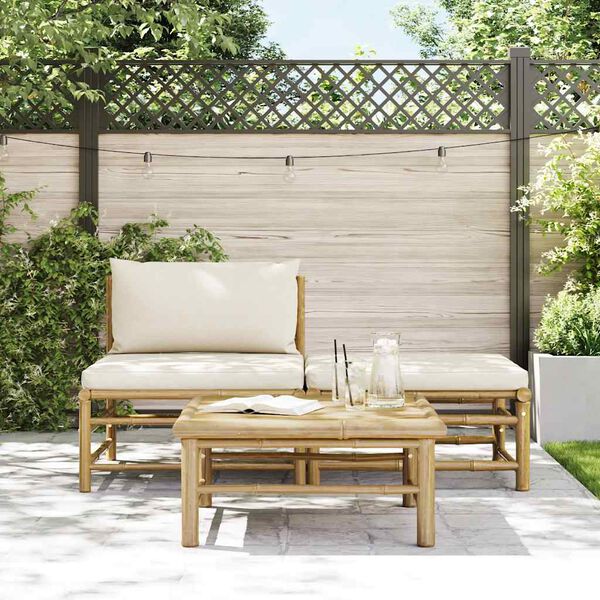 vidaXL 3 Piece Garden Lounge Set with Cream White Cushions Bamboo
