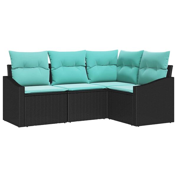 vidaXL Sofa Set with Cushion 4 pcs Black and Turquoise Poly Rattan